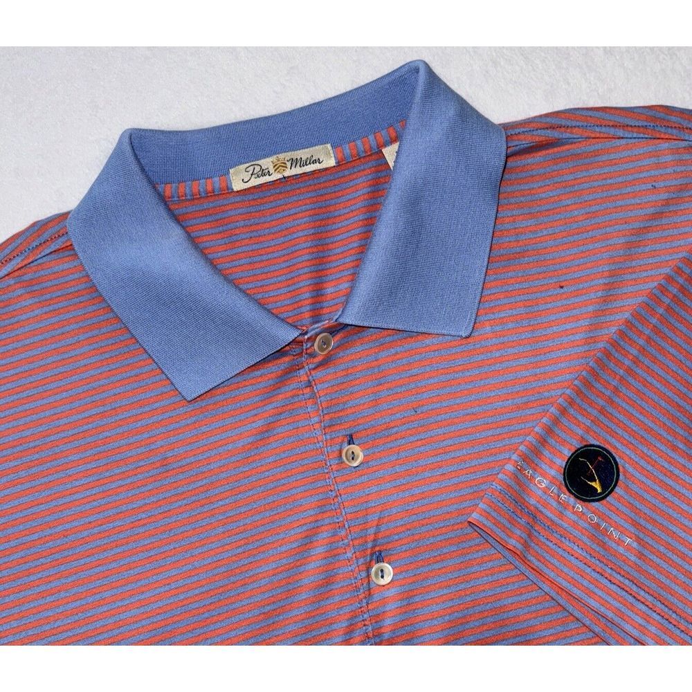 Peter Millar XL Striped Polo BLUE / Coral Knit Golf Shirt ~ EXCELLENT